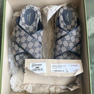 Gucci Beige and Black Monogram Slides